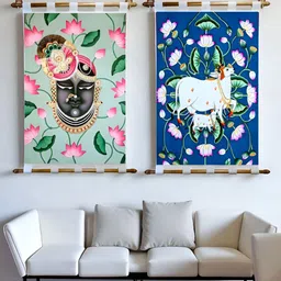 Tushaco Handicrafts Blue & Green 2 Pieces Shrinath Ji Pichwai Printed Canvas Wall Art image 2