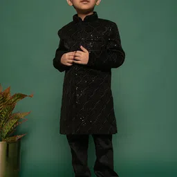 VASTRAMAY Boys Sequined Embroidered Velvet Indo Western Sherwani Set-picture-3