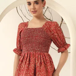 OTABU Women Ethnic Printed Puff Sleeve Smocked Peplum Top-image-45