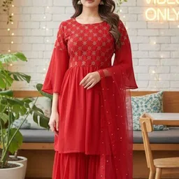 SZN Women Ethnic Motifs Embroidered Tiered Sequinned Kurta with Sharara & With Dupatta image 2