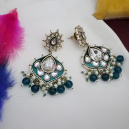 SIVA BY ANIKA Brass-Plated Kundan Studded & Beaded Teardrop Shaped Drop Earrings-image-55
