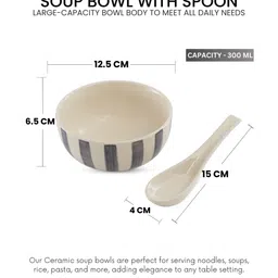 vareesha Crosswalk Grey Striped White Ceramic Soup Bowls (Set of 6) with Spoons image 2