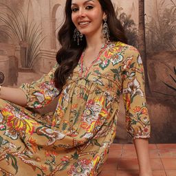 Sangria Floral Print Pure Cotton Gathered Ethnic Midi Empire Dress with Lace Inserts-picture-39