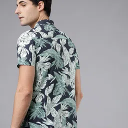 HIGHLANDER Men Navy Blue & Green Slim Fit Printed Casual Shirt image 4