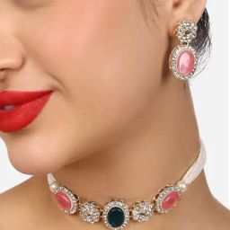 Zaveri Pearls Pink Green Stones Austrian Diamonds Multistrand Choker Necklace Earring Set-ZPFK17766-picture-20
