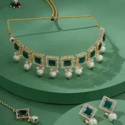 Zaveri Pearls Green Stones Austrian Diamonds Ethnic Necklace Earring Maangtikka Set-ZPFK17773-image-91