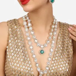 Zaveri Pearls Green Stones Dazzling Austrian Diamonds Layered Bridal Necklace Earring Set-ZPFK17776-picture-25