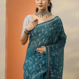 Libas Blue Printed Saree With Unstitched Blouse image 4