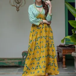 Rustorange Yellow & Blue Printed Maxi Dress-image-25