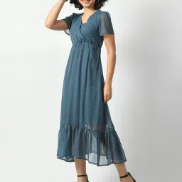 DECKEDUP Blue Self Design Midi Dress image 4