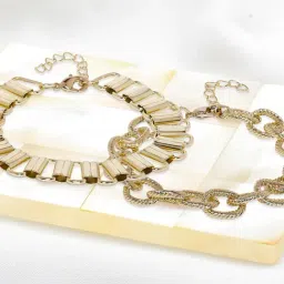 OOMPH Golden Tone Broad & Loop Link Chain Bracelet for Women - Set of 2-picture-12