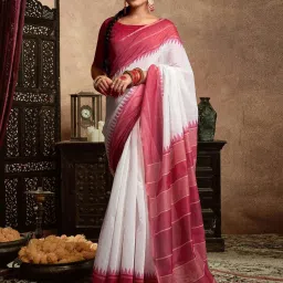 Satrani White & Dusty Red Cotton Silk Printed Saree With Unstitched Blouse image 4