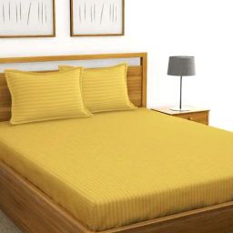 Bianca Hilton Stripes Mustard 210 TC Cotton Double Bedsheet with 2 Pillow Covers-picture-49