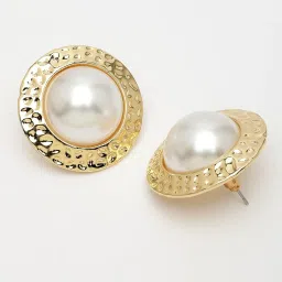 NVR Gold Plated White Pearl Circular Shape Stud Earrings image 4