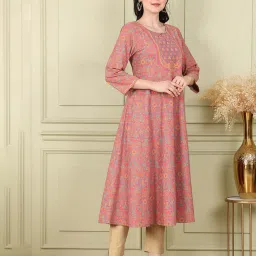 W Magenta Cotton Floral Print Flared Kurta image 4