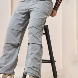 Bewakoof Grey Relaxed Fit High Rise Parachute Pants-image-50