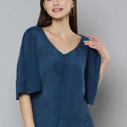 SCOUP Women Navy Blue Solid Linen Boxy Top-picture-13