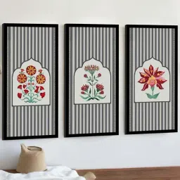 Art Street Grey Synthetic Wood Traditional Lotus Motif Wall Art Print - Set of 3 image 4