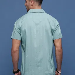 showoffff Showoff Turquoise Blue Cotton Relaxed Fit Self Pattern Shirt image 4