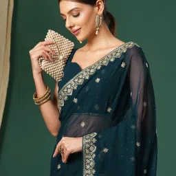 Saree Mall Blue Embroidered Sarees With Unstitched Blouse image 4