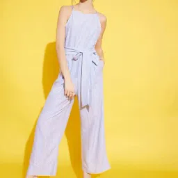 KASSUALLY Blue & White Cotton Striped Jumpsuit-image-7