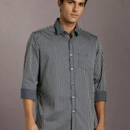 Louis Philippe Navy Cotton Slim Fit Striped Shirt-image-14
