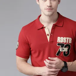 Roadster Men Red Solid Pure Cotton Polo Collar T-shirt-image-13