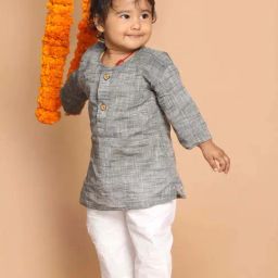 VASTRAMAY Boys Grey Cotton Self Full Sleeves Kurta Sets-picture-9