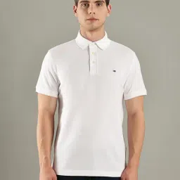 TOMMY HILFIGER White Solid Slim Fit Cotton Polo T-Shirt-image-3