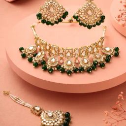 Zaveri Pearls Green Beads Stones Multistrand Choker Necklace Earring Maangtikka Set-ZPFK17789-picture-13