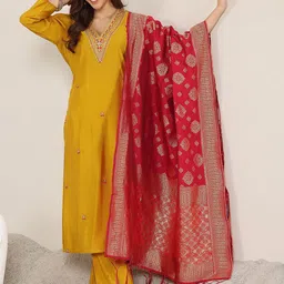 Gerua By Libas Ethnic Motifs Embroidered Straight Sequinned Kurta With Trousers & Dupatta-image-17