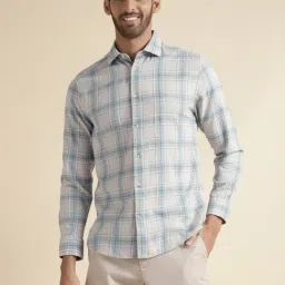 Andamen Khaki & Blue Slim Fit Checks Shirt-image-88
