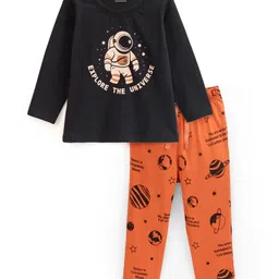 Honeyhap Premium Cotton Astronaut Printed Full Sleeves Night Suit with Bio Finish - Black & Apricot Orange-picture-21