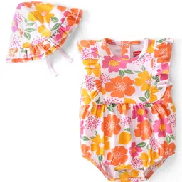 Babyhug 100% Cotton Knit Frill Sleeves Floral Printed Onesie with Cap - Multicolour-picture-15