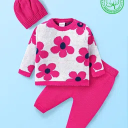 Babyhug Knit Full Sleeves Pullover Sweater Set & Capwith Floral Design - Dark Pink & White-picture-16