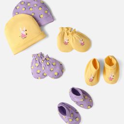 Doodle Poodle Interlock Knit Cap Mittens & Booties Set with Bunny & Text Print Pack of 2 - Yellow & Lavender-picture-29