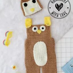 Woonie Sleeveless Crochet Owl Designed Dungaree With Cap - Beige-image-2