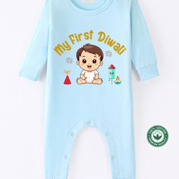 BLUSHES Diwali Theme 100% Cotton Full Sleeves My First Diwali Text Printed Romper - Powder Blue-picture-45