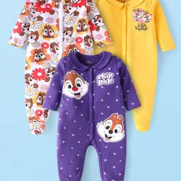 Babyhug Disney Interlock Knit Full Sleeves Footed Peter Pan Collared Night Suit with Chip & Dale Print Pack of 3 - Purple Yellow & White-picture-25