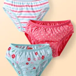 Babyhug Single Jersey Knit Panties Pack of 3 with Floral Polka Dots & Stripe Print - Pink & Light Blue-picture-12