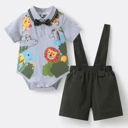 Mark & Mia Cotton Half Sleeves Collared Onesie & Shorts Set with Bow & Jungle Theme Print - Grey-picture-19