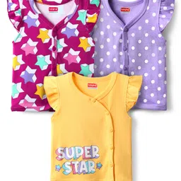 Babyhug 100% Cotton Knit Frill Sleeves Front Open Jhabalas with Polka Dot Star Print Pack of 3 - Purple & Yellow-picture-35