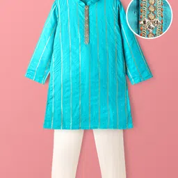 EARTHY TOUCH Woven Full Sleeves Kurta Pajama Set with Lace & Sequin Detailing - Aqua Blue-picture-35
