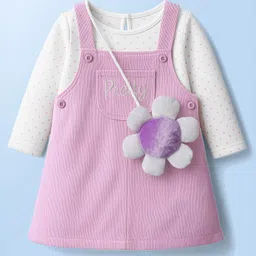 Babyhug Cotton Woven Full Sleeves Frock With Polka Dot Printed Inner Tee & Sling Bag - Lavender-picture-23