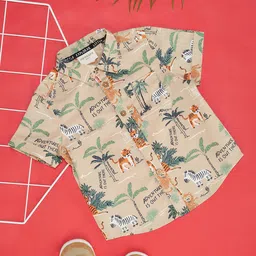 Pantaloons Baby Cotton Woven Half Sleeves Wild Animals Printed Shirt - Khaki-picture-14