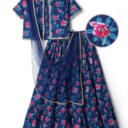 Pine Kids Woven Half Sleeves Floral Printed Choli Lehenga & Dupatta Set - Blue-picture-19