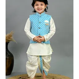 BT DEZINES Cotton Silk Woven Full Sleeves Geometric Embroidered Kurta Dhoti Set With Jacket - Sky Blue & White-picture-30