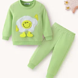 Mark & Mia Cotton Full Sleeves T-Shirt & Lounge Pant Set With Smiley Face Embriodery - Light Green image 2