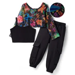 OLLINGTON ST. Cotton Knit Full Sleeves Mesh Floral Printed Top & Waffle Joggers Set With Inner Rib Tee -Black image 2