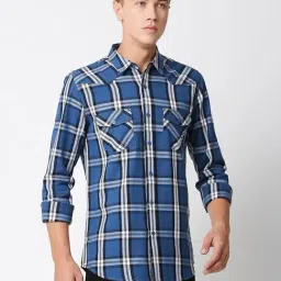 SOLEMIO Blue Slim Fit Check Cotton Shirt-image-0